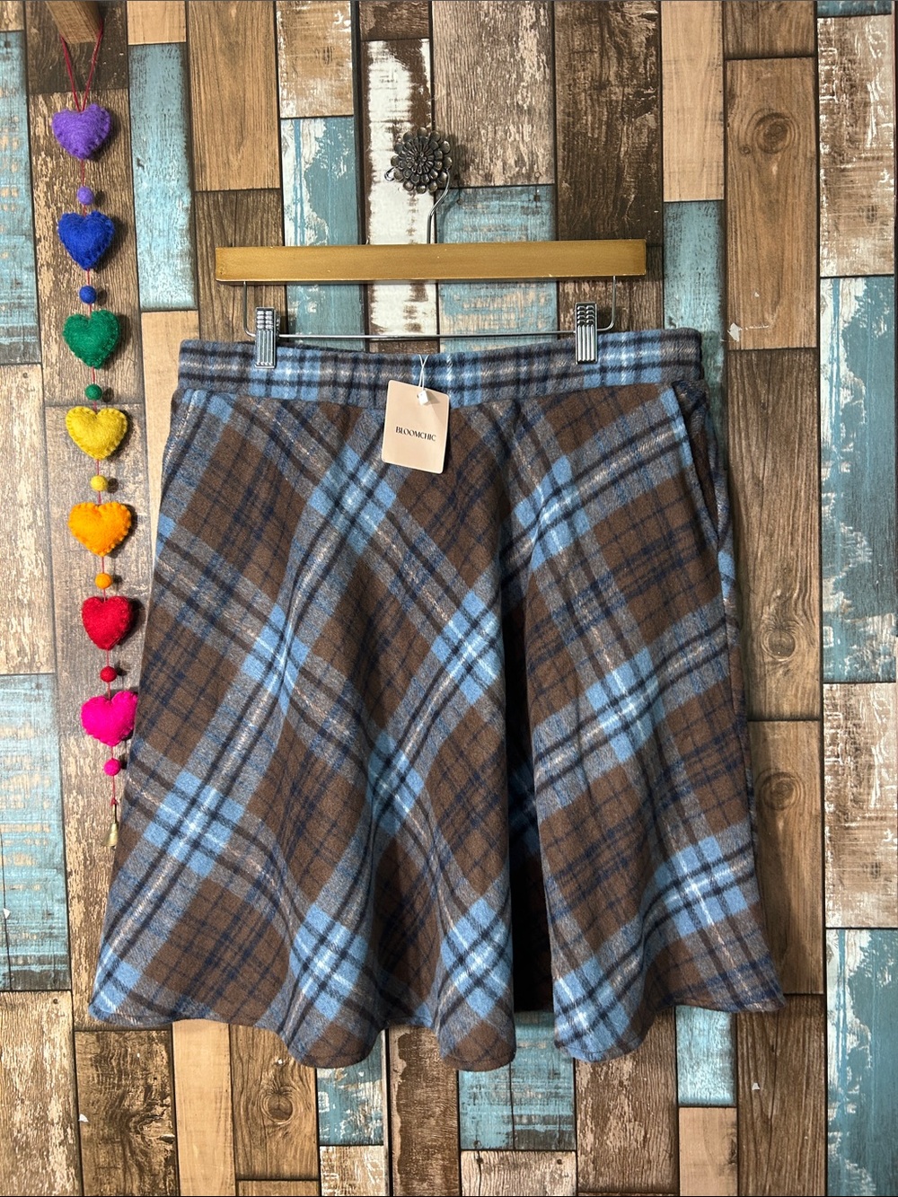 Bloomchic soft plaid skater skirt with pockets